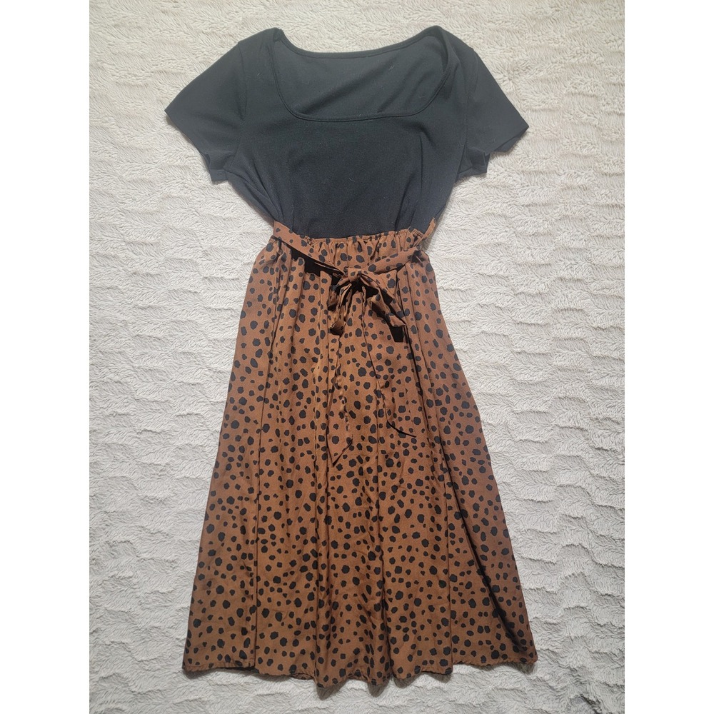 Cupshe Women XL Black Brown Leopard Print Mixed Media Belted Midi Dress Ribbed